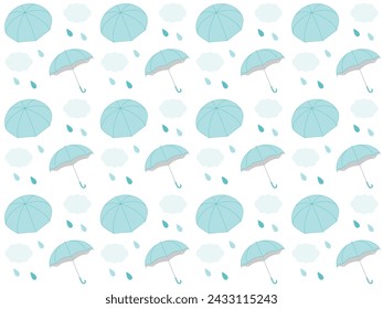 Seamless pattern of light blue umbrellas and rain clouds. A simple and refreshing background material inspired by the rainy season.