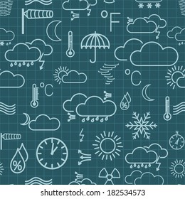 Seamless pattern of light blue weather symbols on checkered background