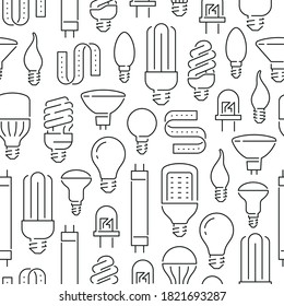 Seamless pattern with light bulb. Black and white thin line icons