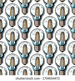 Seamless pattern with light bulb. Vector illustration background in ink hand drawn style on white background.  