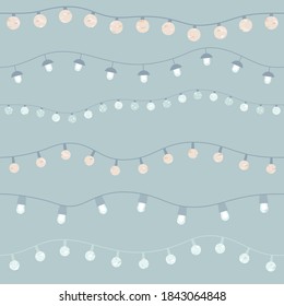 Seamless pattern with light bulbs. Holiday garland with texture inside. Silver and golden colors, winter background for holidays greeting season.