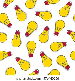 Seamless pattern with light bulbs set, hand drawn icons vector. Big collection of bulbs, sketch objects. Colorful background with elements, decorative backdrop