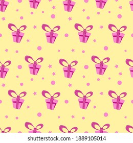 Seamless pattern. Light cheerful background. Valentine's day. Gifts, circles. Vector, flat. Suitable for textiles, wrapping paper and wallpaper.