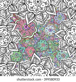 Seamless pattern of light colorful doodles flowers, leaves. Vector illustration.