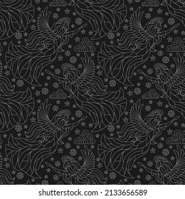 Seamless pattern with light contour angel girls, clouds and stars on a dark background