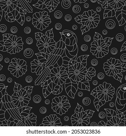 Seamless pattern with light contour birds and flowers and leaves on a dark background
