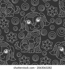 Seamless pattern with light contour cartoon dogs and flowers in stained glass style on a dark  background