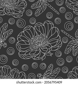 Seamless pattern with light contour flowers and dragonflies in the style of stained glass, flowers and insects on a dark background