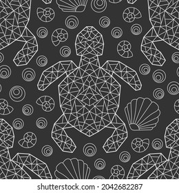 Seamless pattern with light contour geometric turtles and seashells, outline animals on a dark background