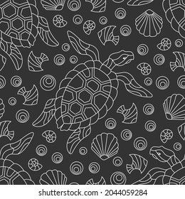 Seamless pattern with light contour geometric turtles and seashells, outline animals on a dark background
