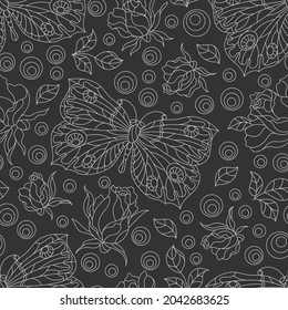 Seamless pattern with light contour rose flowers and butterflies, outline flowers and insects on a dark background