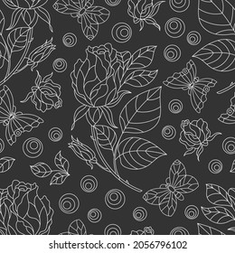 Seamless pattern with light contour rose flowers and butterflies, outline flowers and insects on a dark background