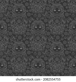 Seamless pattern with light contour  Russian dolls and butterflies, toys on a dark background
