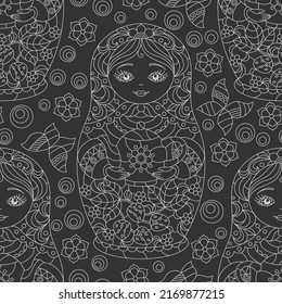 Seamless pattern with light contour  Russian dolls and butterflies, toys on a dark background