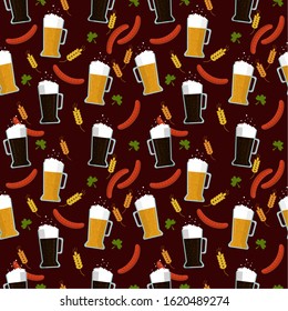 
Seamless pattern: light and dark beer in a glass, barbecue and sausages on a brown background. flat vector. illustration