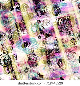 Seamless pattern. Light and dark elements. Diagonal stripes and hand drawn scribbles. Pink, yellow, white, black colors. Abstract vector background for web page, banners, fabric, home decor, wrapping 