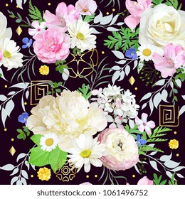 Seamless pattern with light flowers and geometric shapes