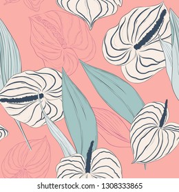 Seamless pattern with light flowers and  green long leaves on navy background. Seamless design.