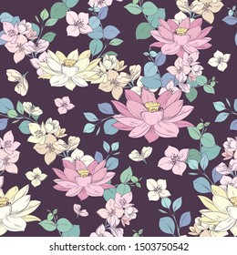 Seamless pattern with light flowers and green branches