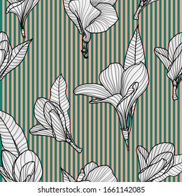 Seamless pattern with light flowers on a striped background. Vector texture for textiles, fabrics, footwear, wrapping paper, napkins, phone cases, bags.