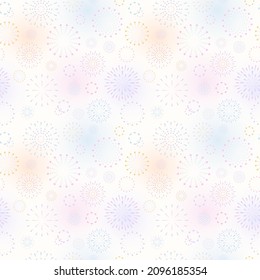 Seamless pattern with light geometric Japanese style Hanabi fireworks. Abstract round fireworks on white background, Japanese pattern for print, fabric, background. Vector illustration.