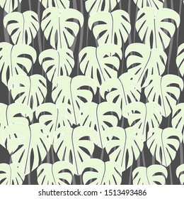 Seamless pattern. Light gray contour leaves and gray waves on dark backround. Vector graphic illustration.