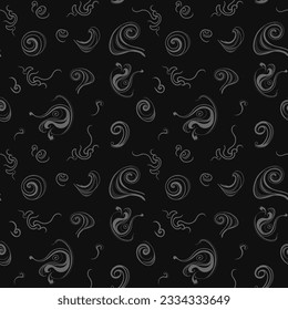 Seamless pattern light gray smoke on a black background. Curls and puffs of smoke. Vector illustration, isolated.