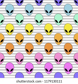 Seamless pattern in light gray and white a thin strip bright rainbow alien head.