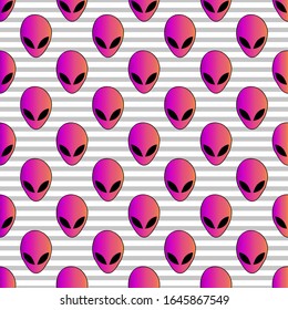 Seamless pattern in light gray and white a thin strip bright pink gradient alien head.