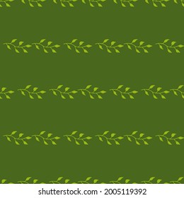 Seamless pattern with light green branches on green background. Vector image.