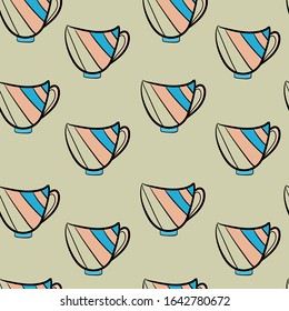 Seamless pattern of light green color with multi-colored cups for tea, coffee and other hot drinks. Vector graphics.