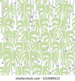 Seamless pattern. Light green contour leaves and gray waves on white backround. Vector graphic illustration.
