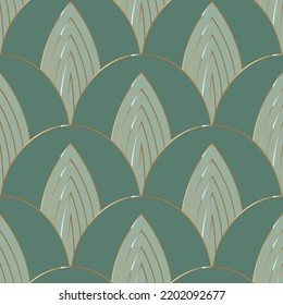 Seamless pattern with light green elements with gold outline. Vector illustration. Fabric print. Vintage style.