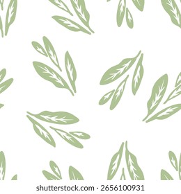 Seamless pattern of light green leaves on a white background. Vector illustration