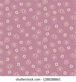 Seamless pattern of light ornamental elements and squares chaotically placed on a pinkish background. Vector illustration