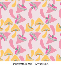 seamless pattern in light pastel colors, mushrooms with ornaments, children's drawing, background for wallpaper and fabric, scrapbooking paper