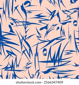 
seamless pattern with light pink background. A pattern of blue lines and shapes creates a chaotic and abstract design and a sense of movement and energy.  The overall effect is chaotic and dynamic.