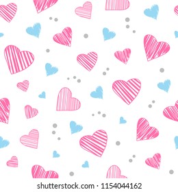 Seamless pattern with light pink and blue hearts isolated on white background. Vector illustration