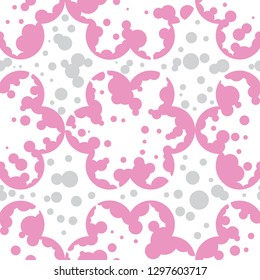 Seamless pattern of light pink flowers and light grey dots. Vector design. Pastel floral pattern on the white background. 
