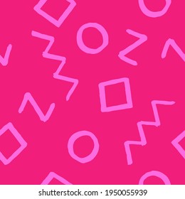 Patrón sin foco con elementos geométricos rosa claro sobre fondo rosado. Diseño de vectores dibujados a mano para textiles, fondos, ropa, papel de envoltura y papel pintado. Ilustración de moda sin fisuras.