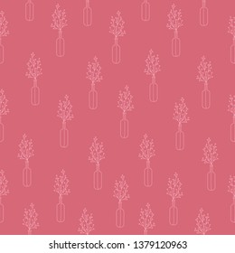 Seamless pattern of light pink hand drawn branches with leaves-hearts in a bottles on a pink background.Botanical print for fabric,wrapping paper,wallpaper,planners,mugs,background for your design