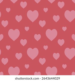 Seamless pattern with light pink hearts on dark pink background. Vector image.