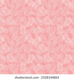nahtloses Muster aus hellrosa Blättern auf weichrosa Hintergrund. Präsentiert durch eine verstreute Positionierung der Blätter. Das Muster eignet sich ideal zum Bedrucken von Textilien, Textilien und Papierprodukten.