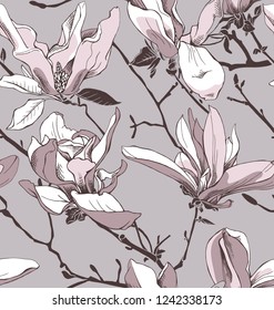 Seamless pattern. Light pink Magnolia flowers on a gray background. Textile composition, hand drawn style print. Vector illustration.