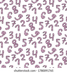 Seamless pattern with light pink and purple doodle numbers on white background. Vector image. 