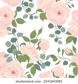 Patrón sin fisuras de rosas de color rosa claro y ramas de eucalipto. Fondo de Vector de hermosas flores, brotes, hojas. Ilustraciones de estilo plano para invitaciones de boda, tarjetas de felicitación.