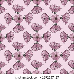 Seamless pattern with light pink wild roses on the light pink background. Endless texture for design. Decorative seamless background the best for greeting cards, interior, cosmetics and textile.