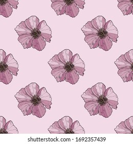 Seamless pattern with light pink wild roses on the light pink background. Endless texture for design. Decorative seamless background the best for greeting cards, interior, cosmetics and textile.