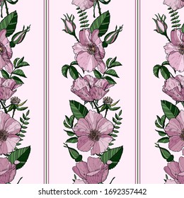 Seamless pattern with light pink wild roses on the light pink background. Endless texture for design. Decorative seamless background the best for greeting cards, interior, cosmetics and textile.