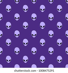 Seamless pattern light purple alien head and black eyes on a ultraviolet background.